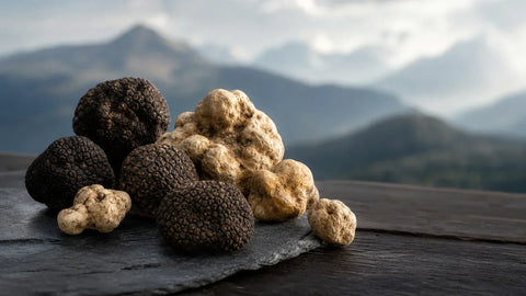 Selection of whole black and white truffles arranged on a dark stone surface