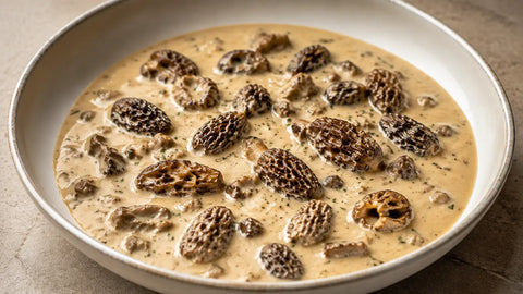 Creamy morel sauce with cooked Morchella esculenta mushrooms in a shallow serving bowl