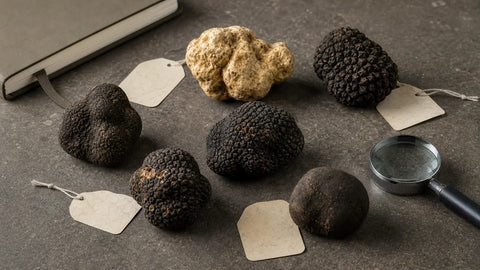 Assorted whole truffles arranged with specimen tags for scientific and trade-name comparison