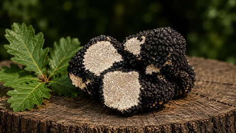 Trufas de verano Tuber aestivum enteras y partidas por la mitad sobre una superficie de madera rústica