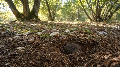 Truffle partially revealed underground among fine tree roots in an oak and hazelnut woodland habitat