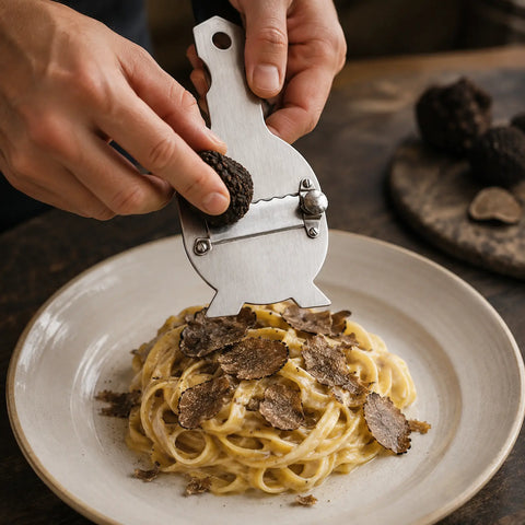 Cortador de trufas de acero inoxidable ajustable que crea finas virutas de trufa fresca sobre pasta caliente