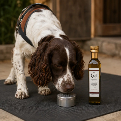 Perro trufero investigando un contenedor de aroma oculto durante el entrenamiento de aroma de trufa negra