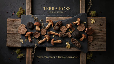 Dried truffles, morels and porcini arranged for culinary preparation