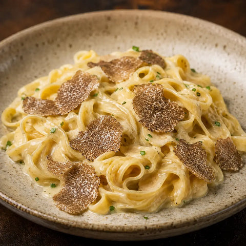 Rehydrated Tuber borchii spring truffle slices incorporated into creamy tagliatelle