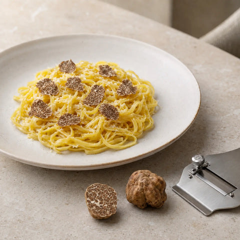 Tuber borchii fresco rallado sobre pasta caliente con mantequilla y queso suave