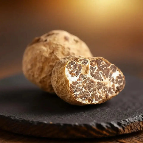 Trufas frescas Tuber borchii de Categoría EXTRA con un ejemplar cortado que muestra el interior marrón naturalmente veteado