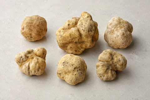Trufas blancas frescas enteras de Tuber magnatum que muestran variación natural en tamaño, forma y color exterior