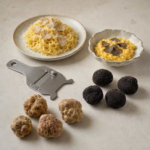 Trufas blancas y negras frescas junto a platos sencillos preparados para rallarlas y servirlas