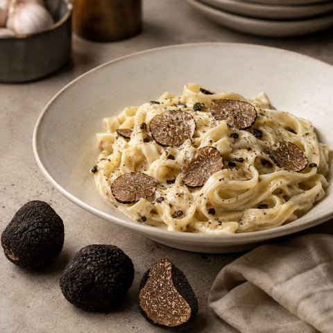 Tuber brumale congelado servido sobre tagliatelle cremosos, con una trufa cortada y trufas enteras junto al cuenco