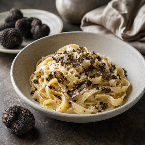 Tuber melanosporum congelada servida sobre pasta cremosa en una presentación culinaria refinada