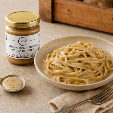 Crema de champiñones porcini con Boletus edulis incorporada en tallarines cremosos y tibios