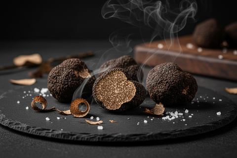 Trufas negras sobre una superficie oscura con efecto de humo