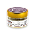 Frasco de sal de trufa blanca con tapa y etiqueta doradas de Ross Brand para condimentar platos gourmet