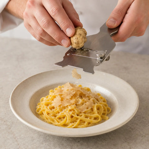 Small fresh Tuber magnatum white truffle finely shaved over a warm finished pasta dish