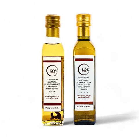Dos botellas de aceite de oliva con sabor a trufa negra y blanca Terra Ross