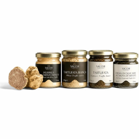 Caja regalo Trilogy que contiene Tartufata Blanca, Tartufata Negra y salsa Alfredo de trufa blanca en tres tarros de 30 g