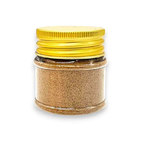 Golden spice jar with yellow lid and clear glass body for Tuber Borchii truffle powder