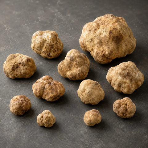 Trufas blancas frescas Tuber magnatum seleccionadas en diferentes tamaños y formas naturales