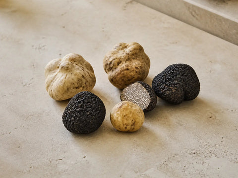 Trufas blancas y negras enteras, junto a una trufa negra cortada que muestra su interior veteado, sobre una superficie de piedra clara.