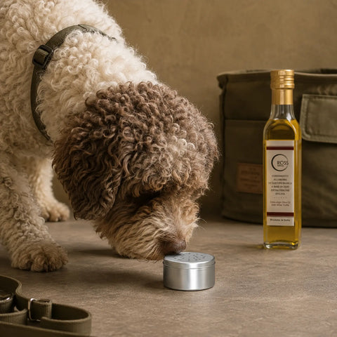 Perro trufero investigando un contenedor de aroma oculto durante el entrenamiento de aroma de trufa blanca