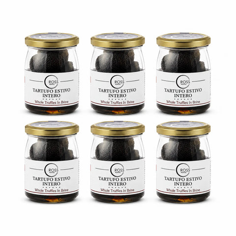 Six 300 g jars of whole Tuber aestivum summer truffles preserved in brine