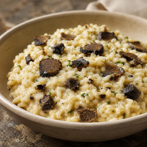 Whole preserved Tuber aestivum truffle pieces incorporated into warm risotto